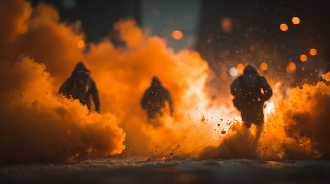 Shadowy figures charge through thick smoke and fiery chaos, embodying turmoil and rebellion. The image conveys tension, urgency, and dramatic conflict.