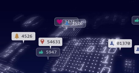 Rotating digital grid initiating floating notification icons updating engagement metrics and fading - Powered by Adobe