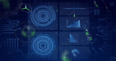 Glow drifting panels sliding icons swirling over charts rising waveform pulsing showing eco data - Powered by Adobe