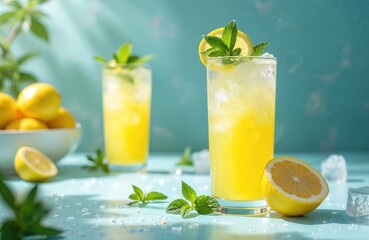 Fototapeta premium Two tall glasses full of refreshing yellow lemonade with ice cubes, mint leaves and lemon slices. Fresh lemons in a bowl nearby create a summery, vibrant mood. Perfect for cooling down.