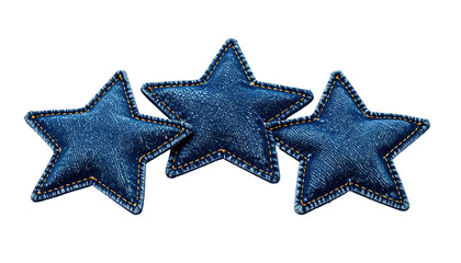 Three denim star shapes with stitched edges isolated on black
