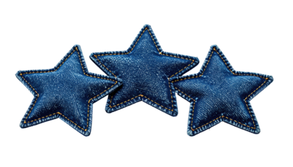 Three denim star shapes with stitched edges isolated on black