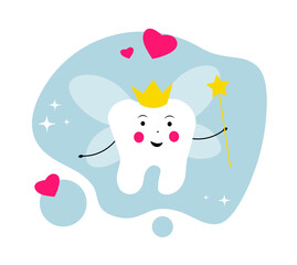 Tooth fairy wearing a crown with a magic wand. Stomatology. Dental health