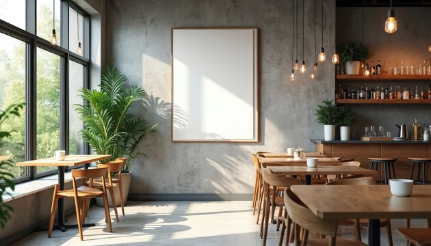 Blank poster mockup on concrete wall in empty cafe interior. Modern restaurant with wooden tables, chairs. Nobody in room with sunlight from window. Cozy coffee shop design with plants, bar counter