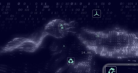 Binary digits shifting into 3D wave, icons emerging and pulsing visualizing environmental metrics - Powered by Adobe