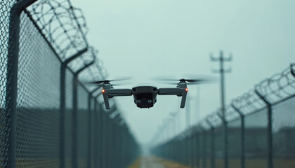 Barbed razor wire fences delineate restricted perimeter under foggy sky. Modern drone flies overhead, unmanned aerial vehicle providing remote surveillance. Represents advanced tech for control,