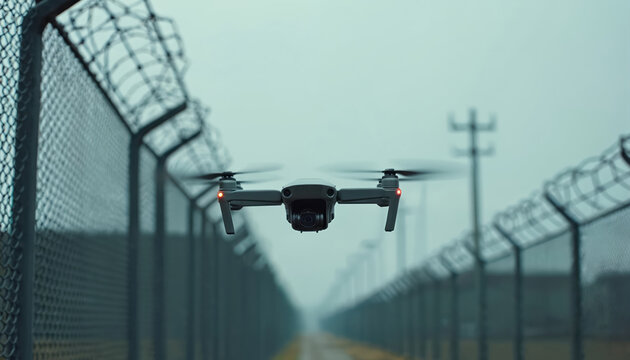 Barbed razor wire fences delineate restricted perimeter under foggy sky. Modern drone flies overhead, unmanned aerial vehicle providing remote surveillance. Represents advanced tech for control, - Powered by Adobe