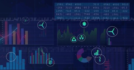 Dark blue dashboard filling numeric data panels spawning green eco icons showing eco metrics - Powered by Adobe
