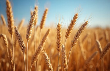 Fototapeta premium Golden wheat stalks grow in a vast field under a clear blue sky. The ripe grain signifies a bountiful harvest. This rural landscape offers a glimpse into agriculture and nourishment.
