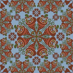 vintage seamless pattern,brown, green curves ,painted create to flowershape, leaves,,pumpkins, hats, blue background in geometric patterns as sarong,fabric,tile,printed fabric,batik,tablecloth pattern