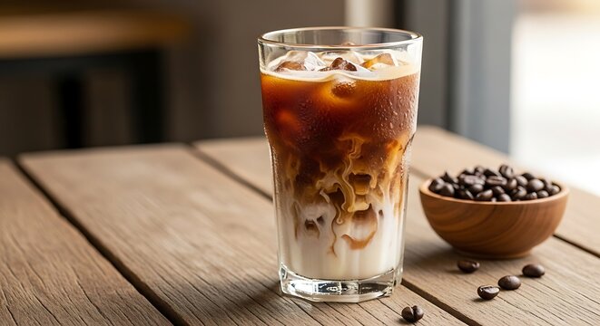 Refreshing Iced Coffee with Cream and Coffee Beans on Wooden Table.