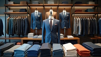 Men suits displayed on mannequins and racks in store. Collection of formal wear suits trousers and jackets neatly folded and hung. Stylish menswear boutique interior for shopping.