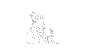 Cozy Winter Woman with Hot Coffee – Minimalist One Line Drawing Vector Illustration