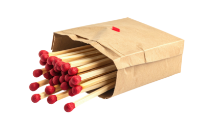 Brown paper bag overflowing with wooden matches, each topped with a vibrant red striking head, on black