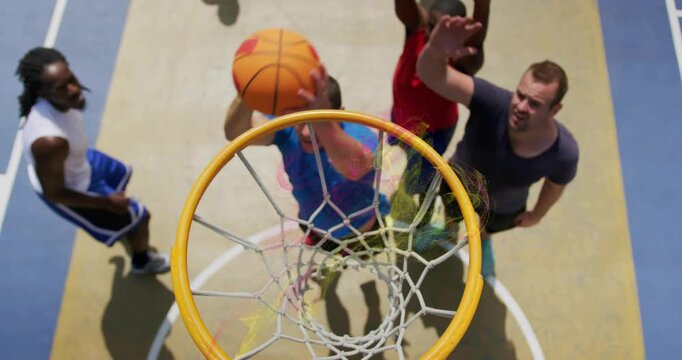 Player dribbling once and charging rim to score basket in sports, featuring animated path line