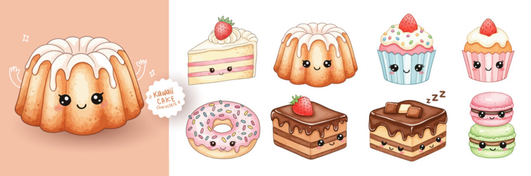Cute kawaii watercolor desserts set. Adorable cakes, donuts, cupcakes, and macarons with smiling faces. Sweet pastel bakery illustration in soft watercolor style.