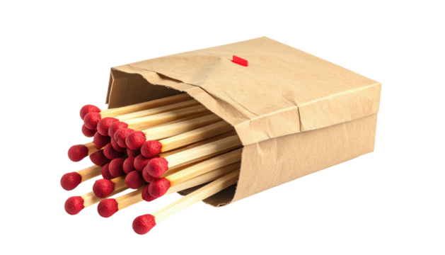 Brown paper bag overflowing with wooden matches, each topped with a vibrant red striking head, on black
