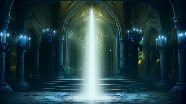 A mystical, dimly lit hall with gothic arches and a glowing portal at center. The low-angle view enhances the fantasy video game atmosphere. Live desktop wallpaper.