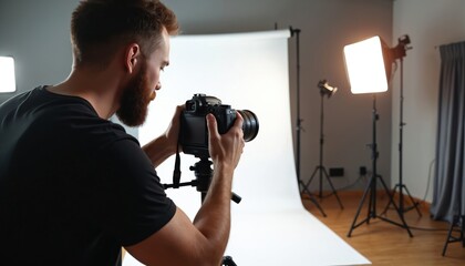 Man adjusts professional camera on tripod in studio. Setup includes softbox lights and white backdrop. Photographer prepares for indoor photo shoot session, focusing on equipment.