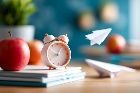 Apple alarm clock books and paper plane on desk near chalkboard back to school theme