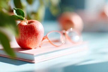 Apple with books and glasses on table near chalkboard traditional classroom learning setup