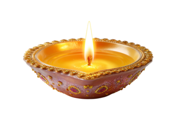 Diwali diya oil lamp with flame isolated on transparent background