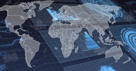 Starting map outline, panels sliding, bars rising, hex pulsing and radar circles visualizing data - Powered by Adobe