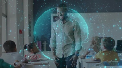 Male teacher gesturing at pupils and activating rotating holographic globe for geography lesson - Powered by Adobe