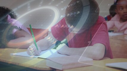 Boy in red T-shirt starting writing with green pencil at desk, with digital overlays for education - Powered by Adobe