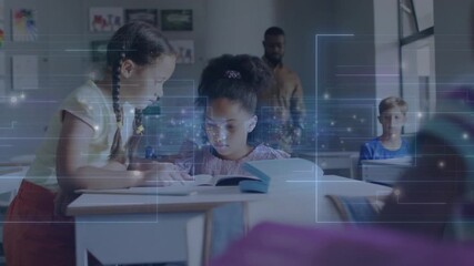 Standing girl tapping classroom textbook page activating data overlays and guiding classmate - Powered by Adobe