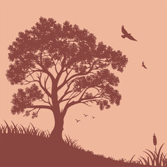 Silhouette tree landscape with flying birds at sunset