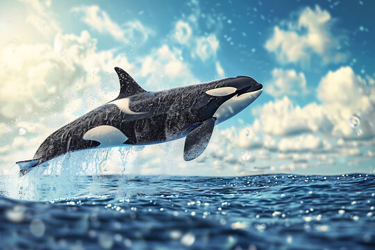 Orca whale breaching out of blue ocean water with white clouds and blue sky killer whale jumping