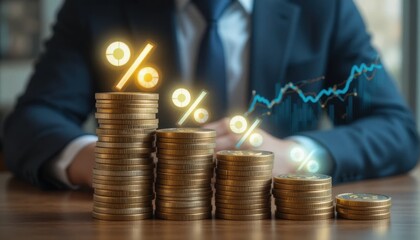 Investment and savings growth concept, coins stacked in ascending order with holographic percent signs and line charts, businessman in background.