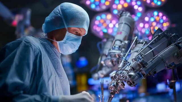 Surgeon operating with robotic surgical system in modern operating room
