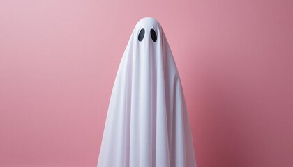 White ghost sheet costume against pastel pink background. Minimal Halloween scary concept.