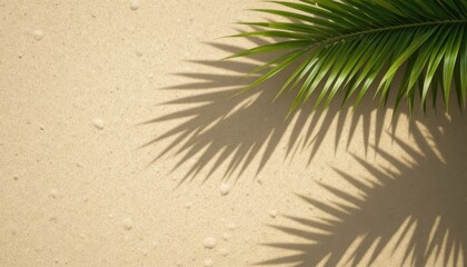 Top view of green tropical leaves and shadow on sand color background. Flat lay. Minimal summer concept with palm tree leaf. Creative copyspace.