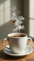 Coffee cup with steam, clouds and birds