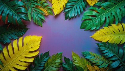 Creative fluorescent color layout made of tropical leaves. Flat lay neon colors. Nature concept.