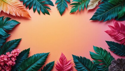 Creative fluorescent color layout made of tropical leaves. Flat lay neon colors. Nature concept.