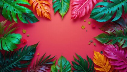 Creative fluorescent color layout made of tropical leaves. Flat lay neon colors. Nature concept.