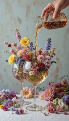 Pouring wildflowers into wine glasses: a summer still life