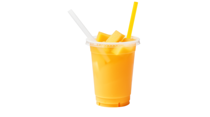 A refreshing mango smoothie in a clear plastic cup with a yellow straw on a black background view