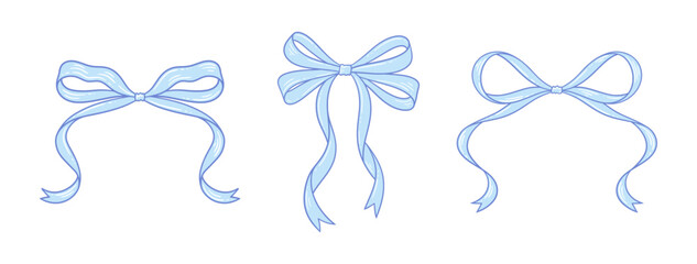 Coquette blue bows set. Line art drawings, vintage whimsical ribbons. Birthday, Wedding gift in retro style. Baby shower decoration, boy, cute design. Doodle lace, vector illustration.