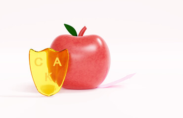 A 3D render of a shiny red apple next to a golden shield marked with C, A, K, symbolizing essential fat-soluble vitamins for health, nutrition, and immunity.