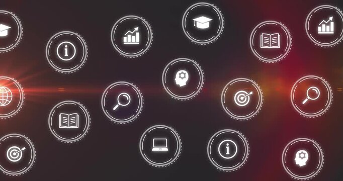 Orange lens flare sweeping across pulsating vector icon grid highlighting education and innovation