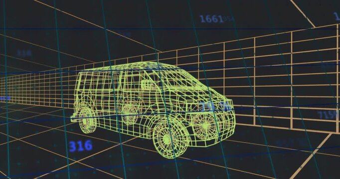 Upon playback starting neon yellow wireframe van receiving floating numeric labels showing metrics