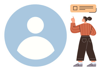 Woman pointing at notification near a large user icon. Ideal for user interface, profile management, notifications, onboarding, social media, customer support, and online identity concepts. Simple