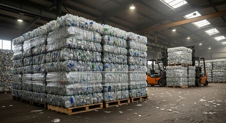 Pile of sorted plastic bottles ready for recycling in factory warehouse
