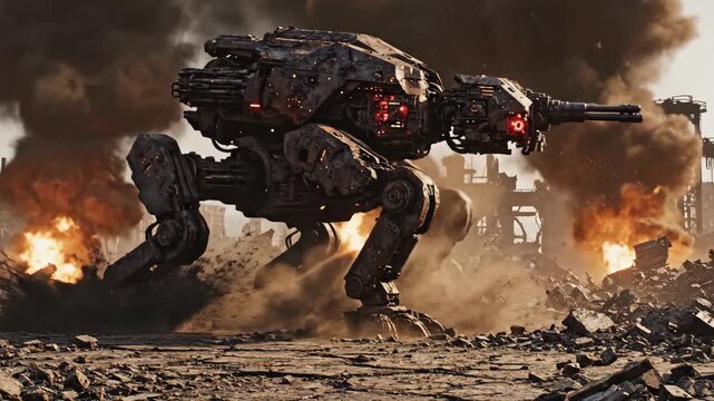 Concept of a dystopian future with a giant robotic sentinel causing destruction in a war-torn city filled with fire and smoke