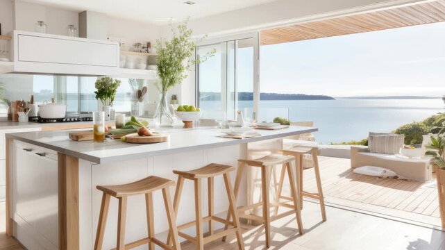 Bright, airy kitchen with ocean view, shot from a wide-angle. Modern decor, natural light. Perfect for a lifestyle video showcasing serene living. Live desktop wallpaper.